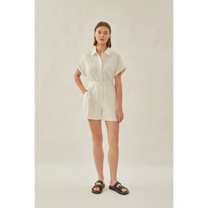 Relaxed Shirt Romper Button Up Short Sleeve Collared Cotton Blend Ivory S